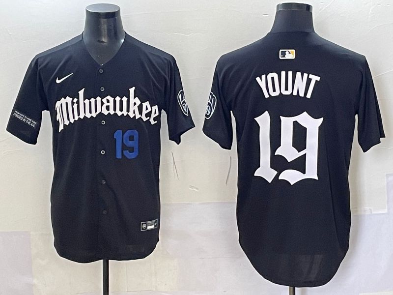 Men 2025 Milwaukee Brewers #19 Yount Black Five generations Joint Name Nike MLB Jersey style 6
